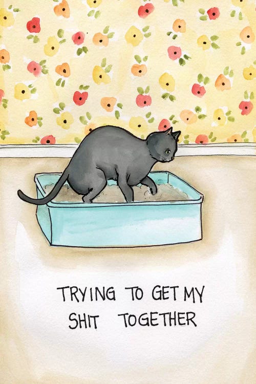 Wall art of a cat in a litter box with a floral background and the phrase trying to get my shit together by iCanvas artist Jamie Morath