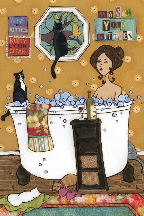 wall art of a woman in a bathtub with wine and surrounded by cats by iCanvas artist Jamie Morath