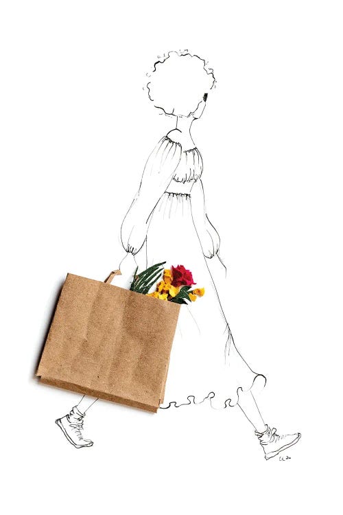 fashion illustration of a woman with a bag of flowers by iCanvas artist Kelly L Illustration