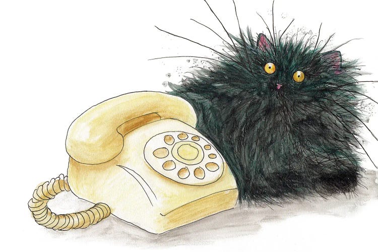 Wall art of a manic black cat next to a telephone by iCanvas artist Kim Haskins