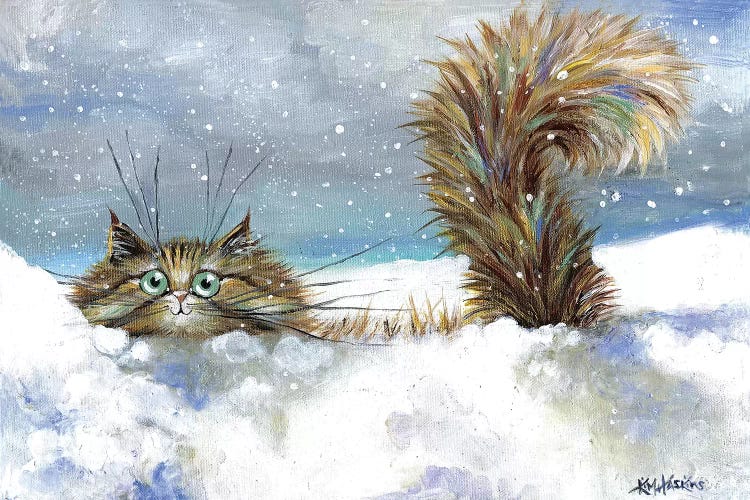 Wall art of a cute gray cat in the snow by iCanvas artist Kim Haskins