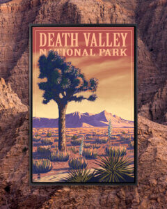 Wall art poster for Death Valley National park against a red rock background by Lantern Press