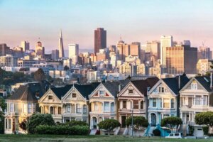 Photograph of painted ladies houses in San Francisco at sunset by iCanvas artist Matteo Colombo