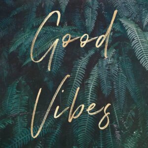 The words "Good Vibes" in front of green ferns