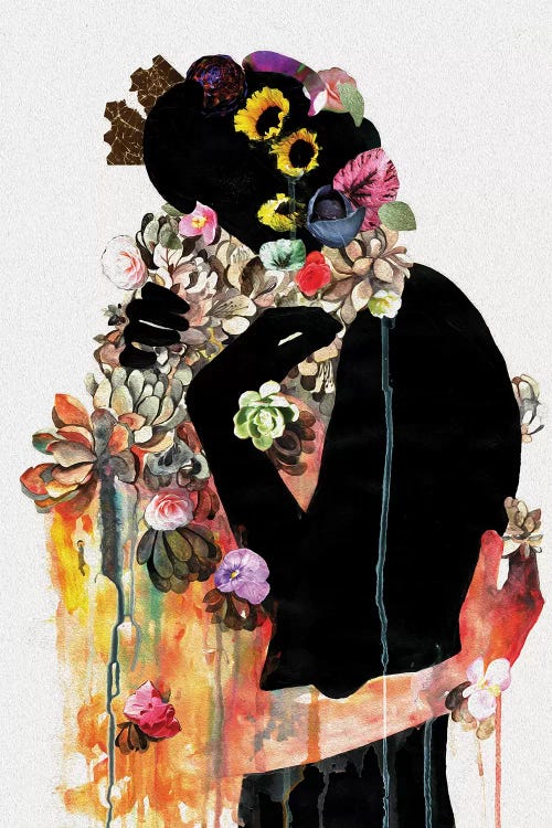 Painting of a flowery figure embracing a black silhouette by iCanvas artist Pride Nyasha