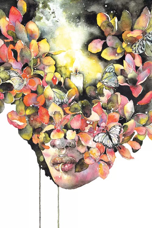 Painting of a woman's head obscured by flowers, butterflies and candlelight by iCanvas artist Pride Nyasha