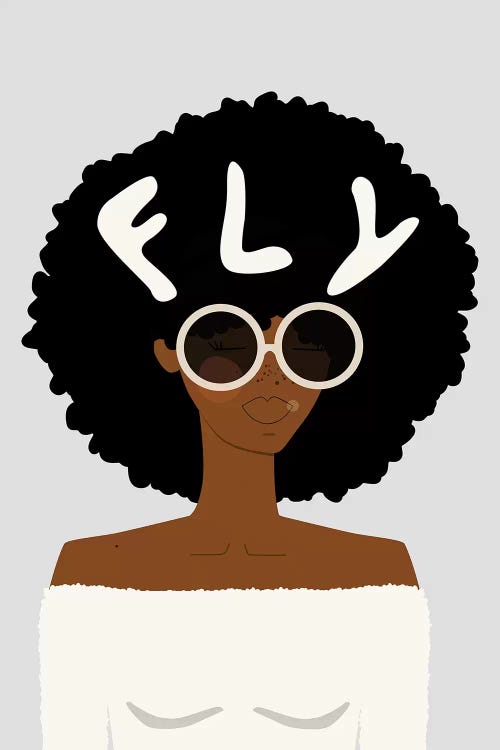 Illustration of a woman wearing round glasses rocking an afro with the word FLY in it by iCanvas artist sheisthisdesigns