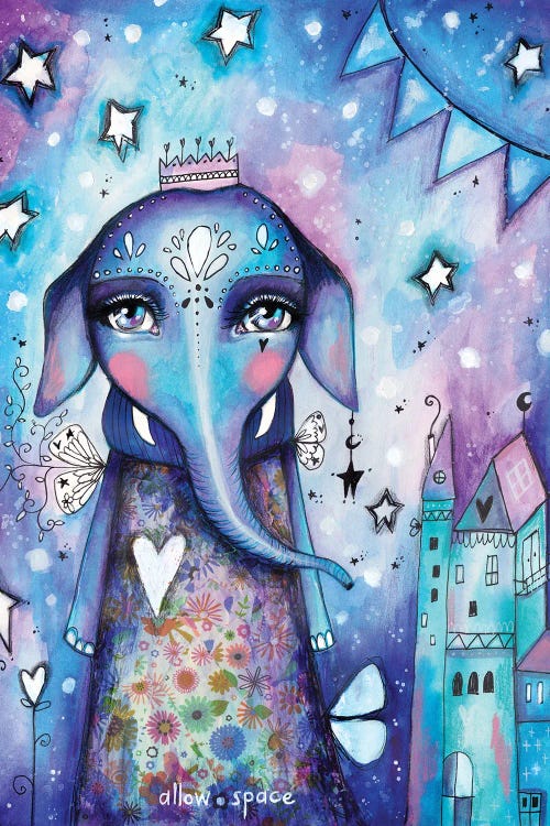 wall art of a blue and purple elephant queen in front of a castle by iCanvas artist Tamara Laporte