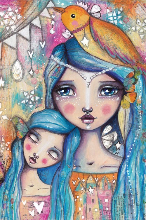 Wall art of a mother and daughter with blue hair and birds and butterflies by iCanvas artist Tamara Laporte