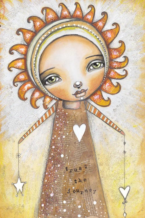 Yellow wall art of a girl with a sun shaped head by iCanvas artist Tamara Laporte