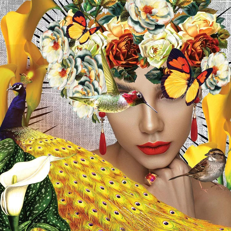 Collage of a woman layered with yellow, birds, flowers and butterflies by Yvonne Coleman Burney