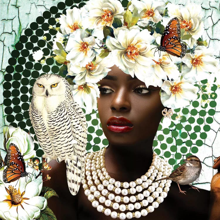 Collage of flowers, butterflies, birds and a Black woman wearing pearls by Yvonne Coleman Burney