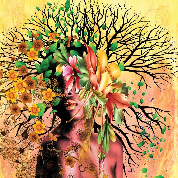 Yellow wall art with a woman with tree limbs and flowers growing from her face by Yvonne Coleman Burney