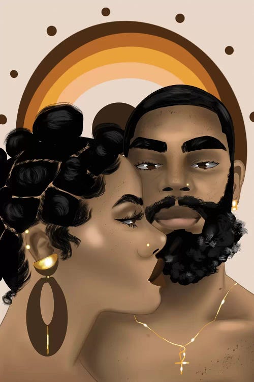 Wall art of a Black woman and man in front of a monochromatic rainbow symbol by Zola Arts