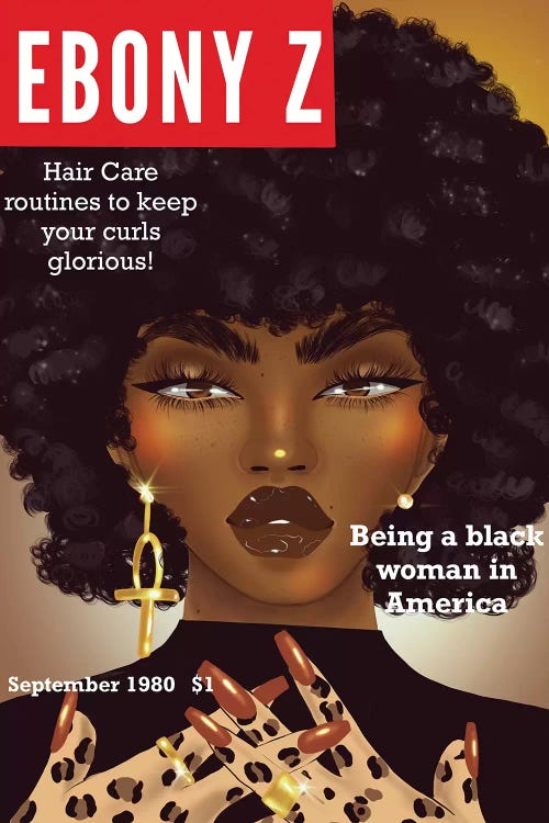 Wall art of a magazine featuring a Black woman with natural hair, leopard print hands and gold jewelry by Zola Arts