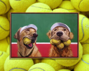 Wall art by Lucia Heffernan of two golden retrievers holding tennis balls in their mouths against a tennis ball background