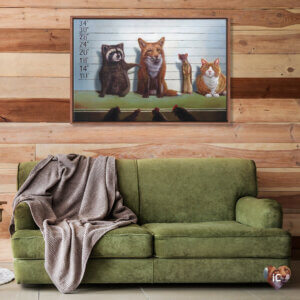 Wall art by Lucia Heffernan of a racoon, fox, weasel and cat as suspects above a green couch