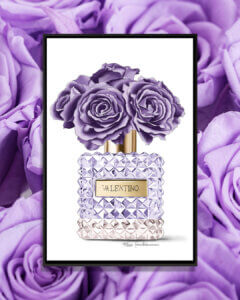 Wall art of purple roses in a Valentino perfume bottle as the vase by Elza Fouche