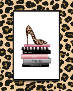 Fashion illustration of leopard print heel on top of fashion books by iCanvas artist Elza Fouche
