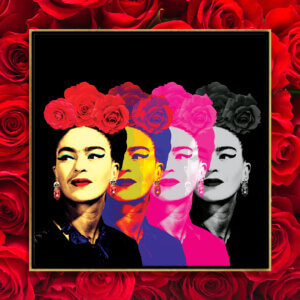 Wall art of Frida Kahlo in different colors and gold frame against rose background by iCanvas artist Ana Paula Hoppe