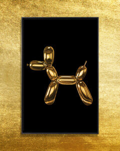 Wall art of a golden balloon dog against black background by iCanvas artist Danilo de Alexandria