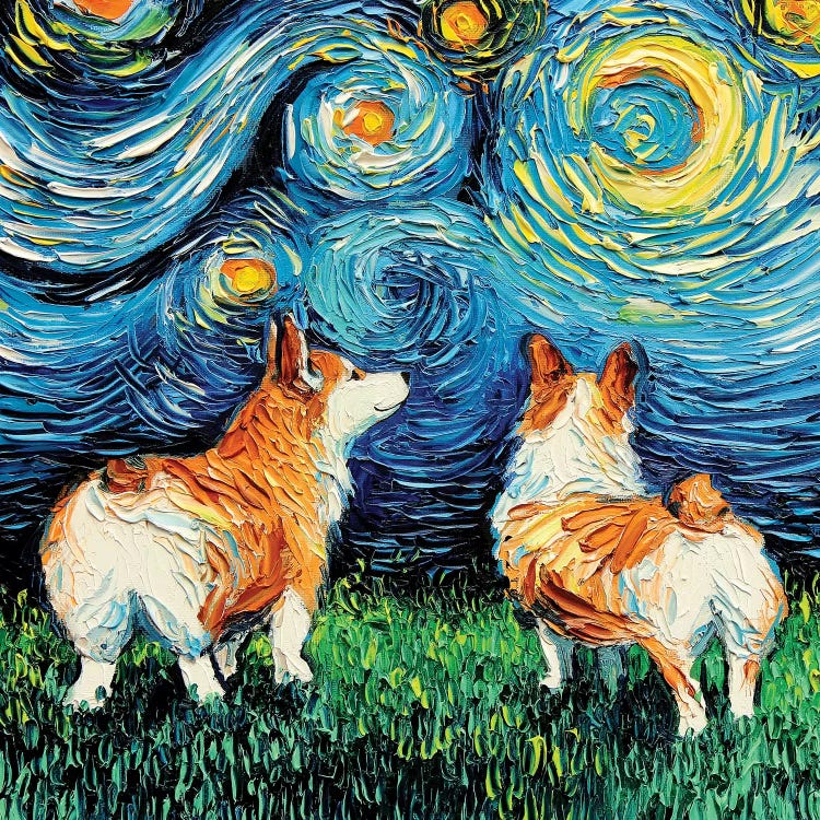 Wall art of two corgis looking at a starry night by iCanvas artist Aja Trier