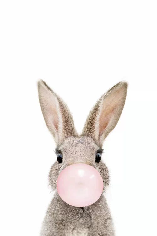 Wall art of a brown baby bunny blowing a pink bubble by iCanvas artist Amy Peterson