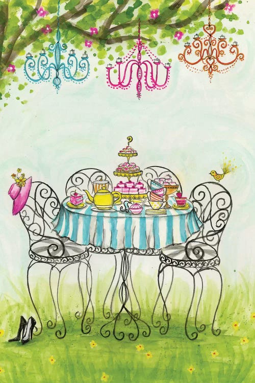 Wall art of a table set for tea under a tree with chandeliers by Bella Pilar
