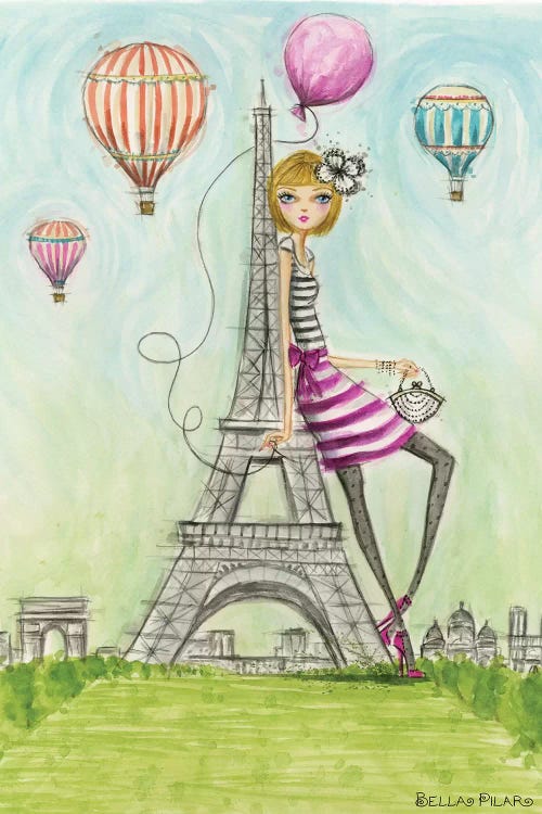 Fashion illustration of a woman leaning against the Eiffel Tower surrounded by parachutes by Bella Pilar