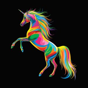 Wall art of a rainbow colored unicorn against black background by iCanvas artist Bob Weer