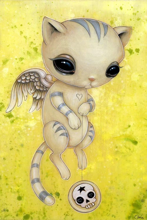 Wall art of a white kitten with gray stripes and angel wings holding a skull yoyo against yellow background by iCanvas artist Caia Koopman