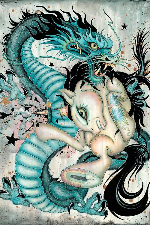 wall art of a blue dragon fighting a white pony by iCanvas artists Caia Koopman