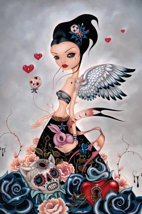 Wall art of a punk rock woman with angel wings and skulls hearts and rabbits by iCanvas artist Caia Koopman
