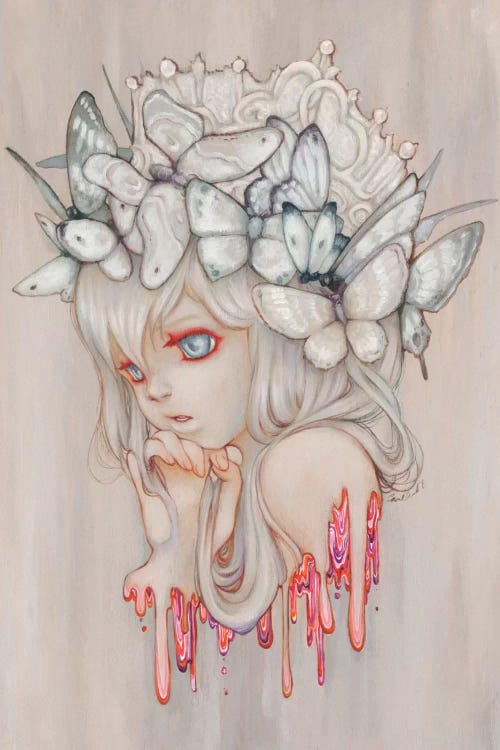 Wall art of a girls face with butterflies and crown on head and pink paint dripping by iCanvas artist Camilla D'Errico