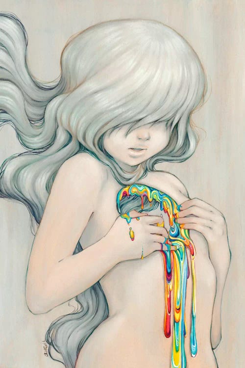 Wall art of a girl with blue hair and rainbow paint dripping down chest by iCanvas artist Camilla d'Errico
