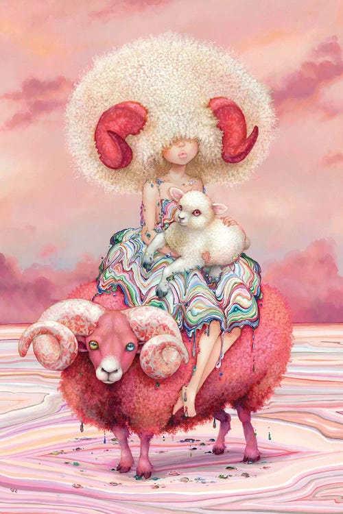 Pink wall art of a girl with white afro and horns atop a ram holding a lamb by iCanvas artist Camilla D'Errico