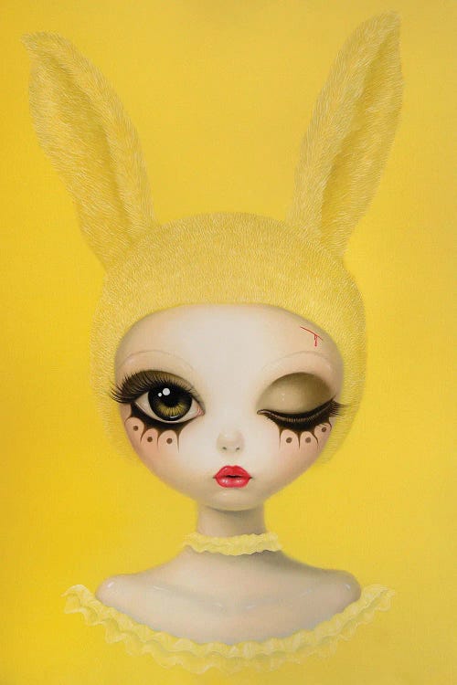 Yellow wall art of a woman wearing bunny ears by iCanvas artist Chen Hongzhu