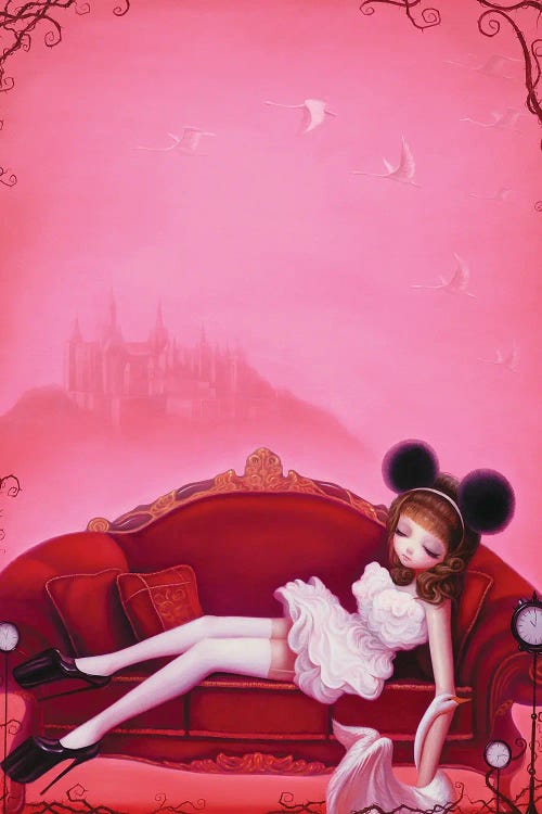 Pink wall art of woman with mouse ears laying on couch holding a swan by Chen Hongzhu