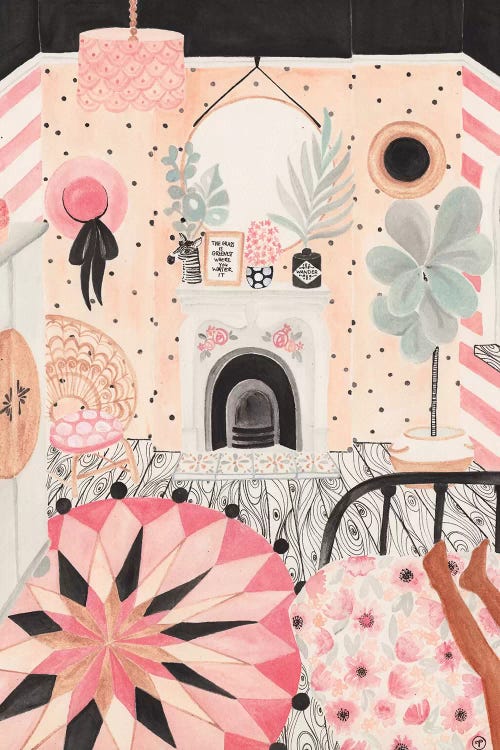Illustration of a pink and tan bohemian bedroom by iCanvas artist CreatingTaryn