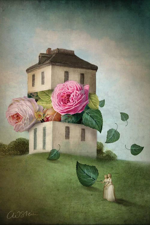 Wall art of a house with giant pink flowers and green leaves emerging from it and two small women watching by Catrin Welz-Stein