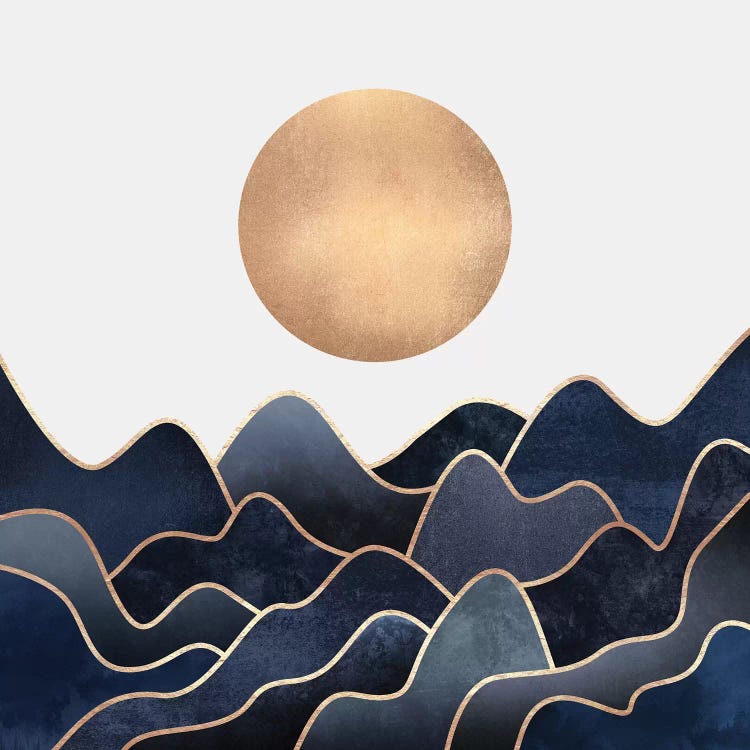 Wall art of blue and gold waves beneath a gold sun by Elisabeth Fredriksson