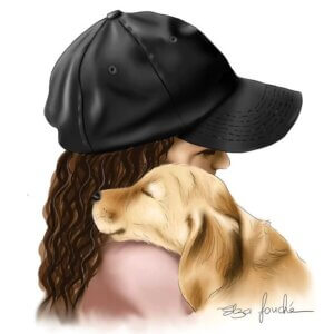 Wall art of a girl in hat holding a golden retriever puppy by iCanvas artist Elza Fouche