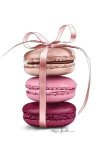 Wall art of three macaroons in shades of pink with a bow tied around them by Elza Fouche