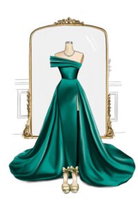 Fashion illustration of green ball gown in front of gold mirror by iCanvas artist Elza Fouche