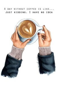 Fashion illustration of hands holding a latte with a heart in it by iCanvas artist Elza Fouche