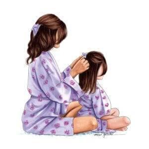 Wall art of a mom doing her daughters hair wearing matching purple pajamas by Elza Fouche