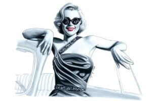 Black and white illustration of Marilyn Monroe in sunglasses leaning against a car by Elza Fouche