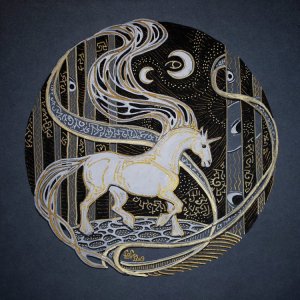 Fantasy art of a unicorn below a night sky by iCanvas artist Fefa Koroleva
