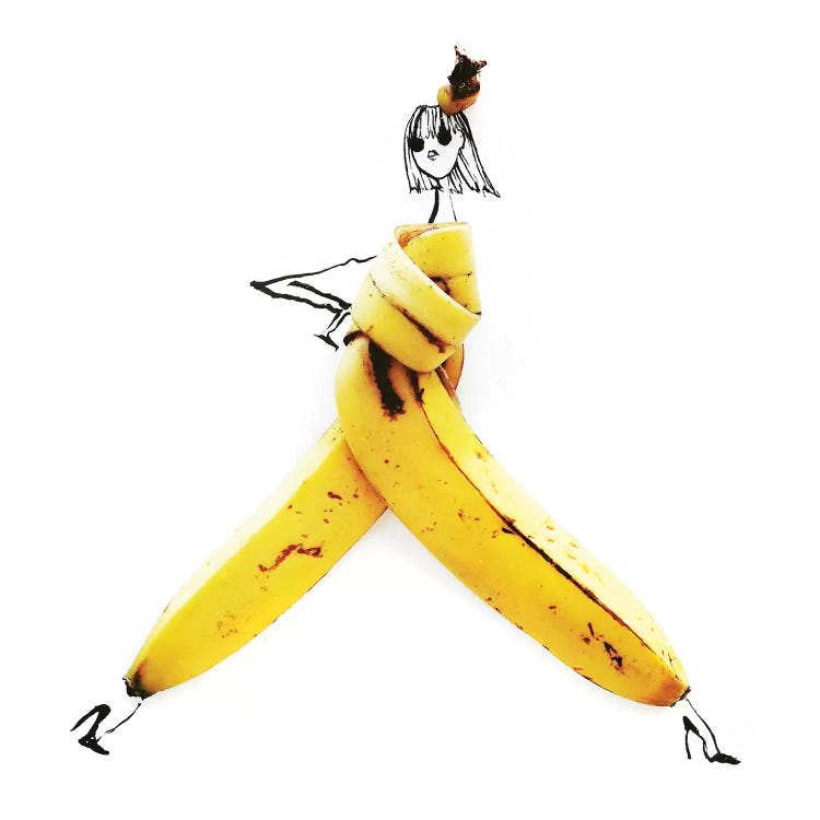 Fashion illustration of stick woman wearing a banana peel by female artist Gretchen Roehrs