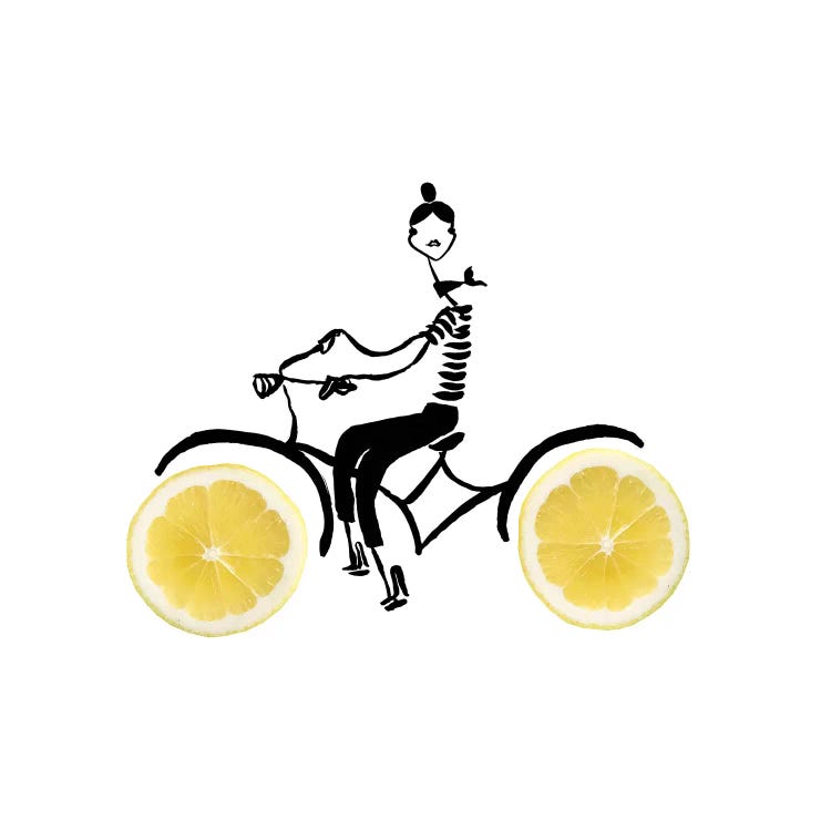 Line drawing of a woman riding a bike with lemon wheels by female artist Gretchen Roehrs